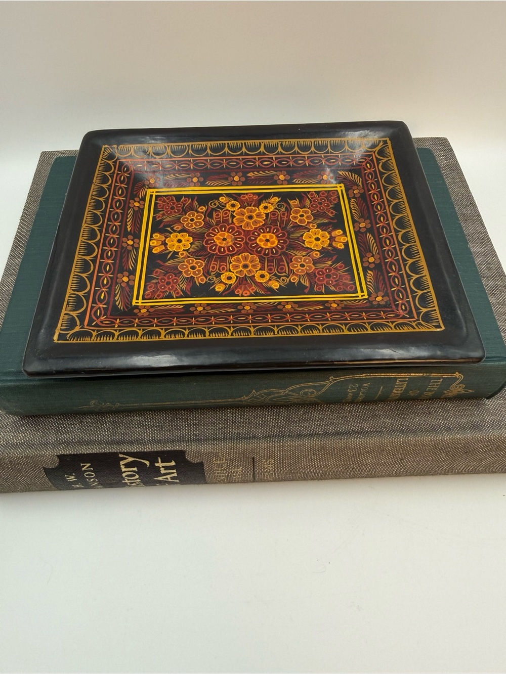 Vintage Hand Painted Black Lacquer Wooden Floral Tray Mexico 7.5x6”